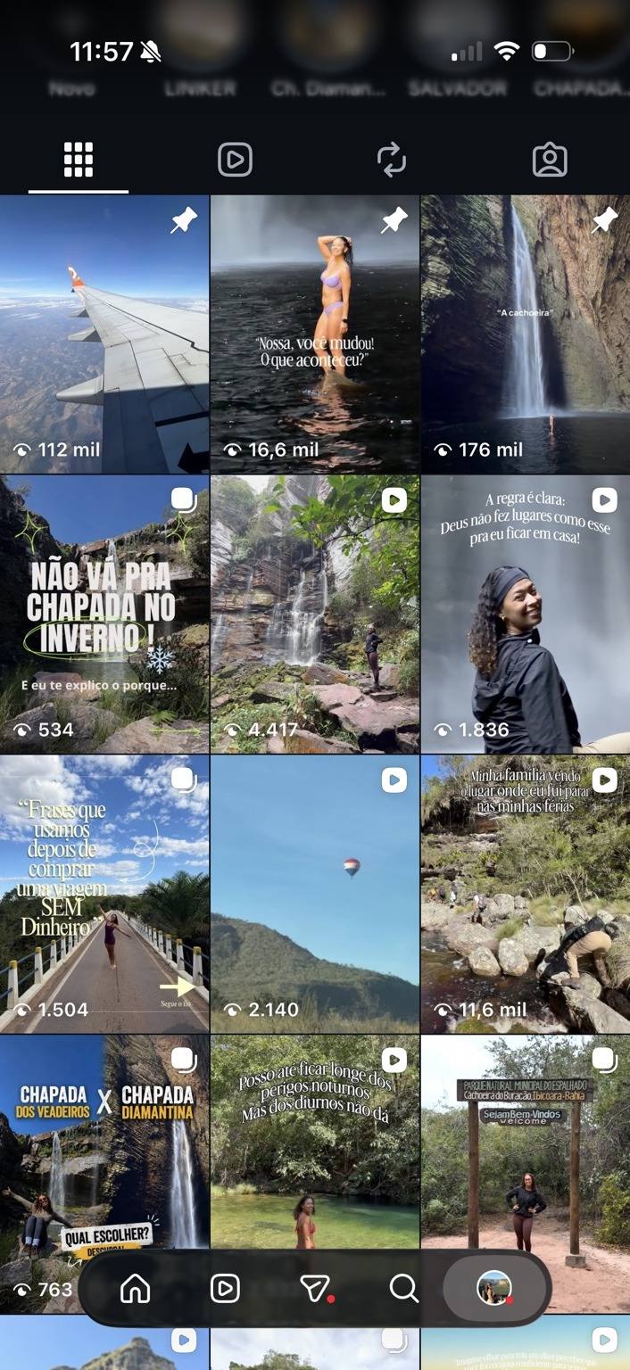 Grade do perfil @travelwithmiih no Instagram com o número de visualizações de cada Reels